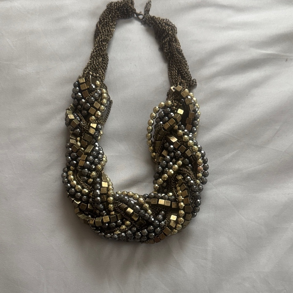 Braided Gold and Gunmetal Beaded Statement Necklace